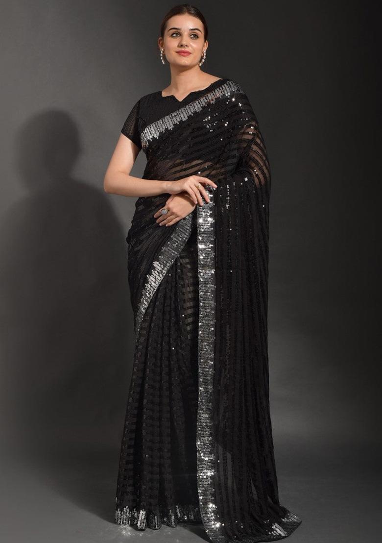 Black Embroidered Soft Georgette Saree Set - Indya