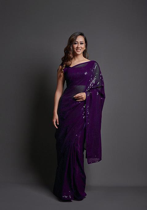 Purple Embroidered Heavy Georgette Saree Set