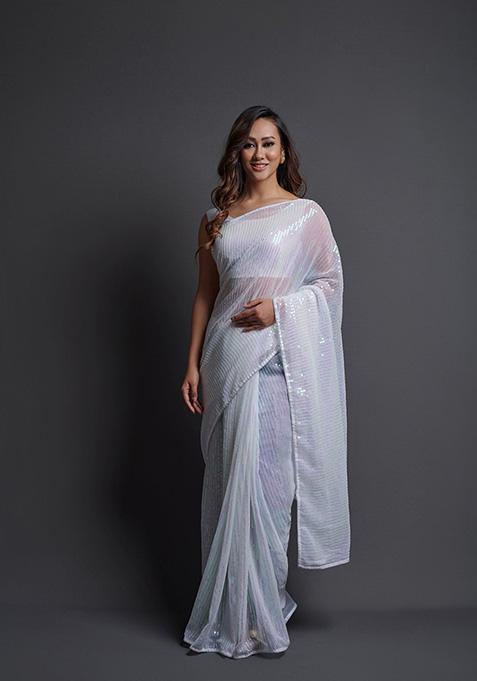 White Embroidered Heavy Georgette Saree Set