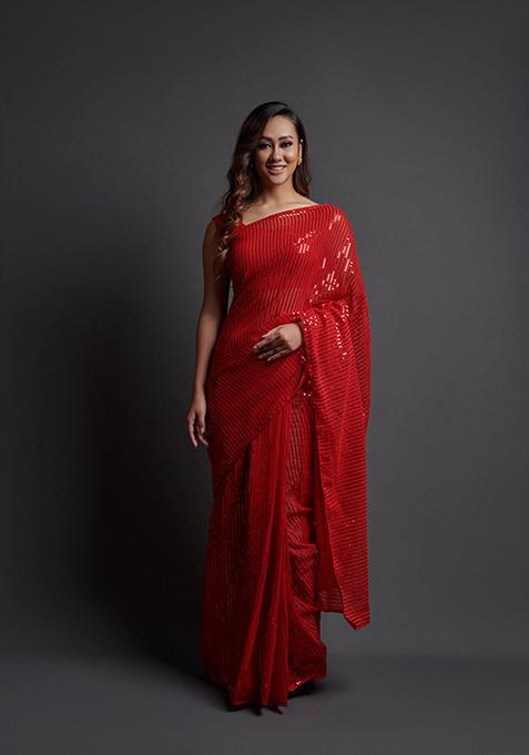Red Embroidered Heavy Georgette Saree Set