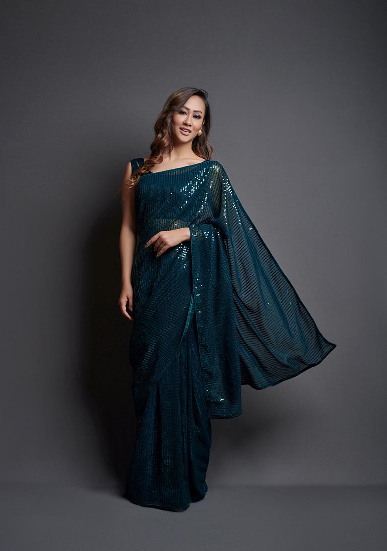 Blue Embroidered Heavy Georgette Saree Set