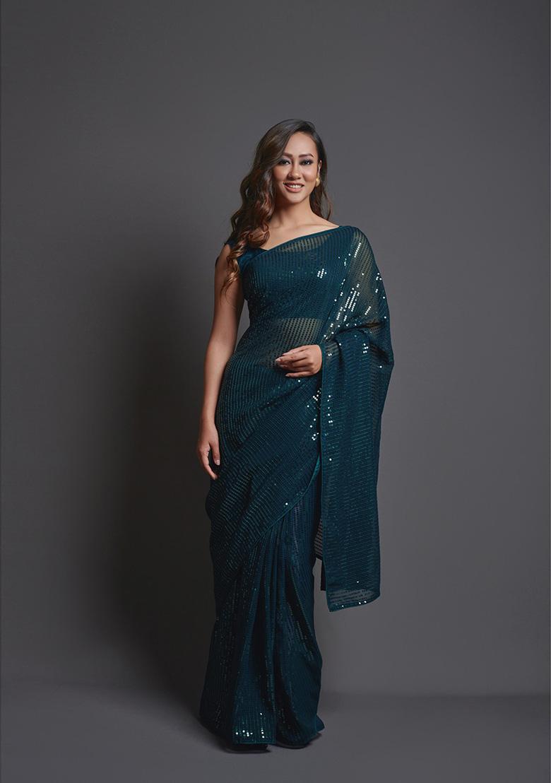 Blue Embroidered Heavy Georgette Saree Set - Indya