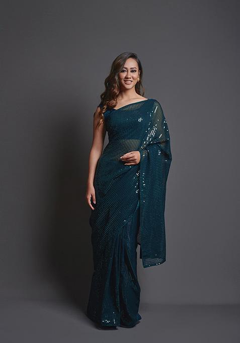 Blue Embroidered Heavy Georgette Saree Set
