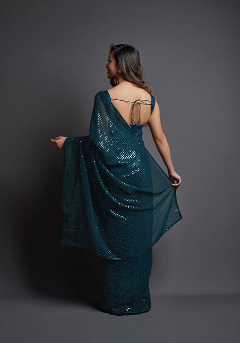 Blue Embroidered Heavy Georgette Saree Set