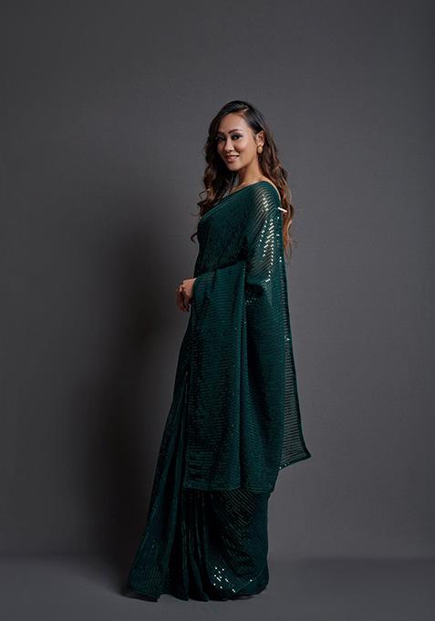 Green Embroidered Heavy Georgette Saree Set