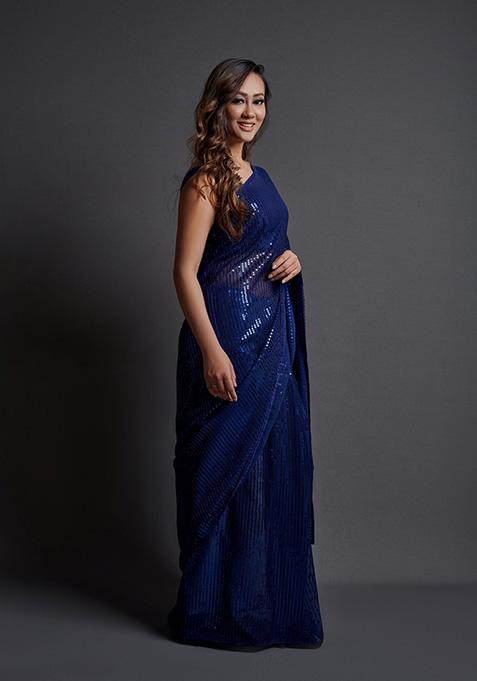 Blue Embroidered Heavy Georgette Saree Set