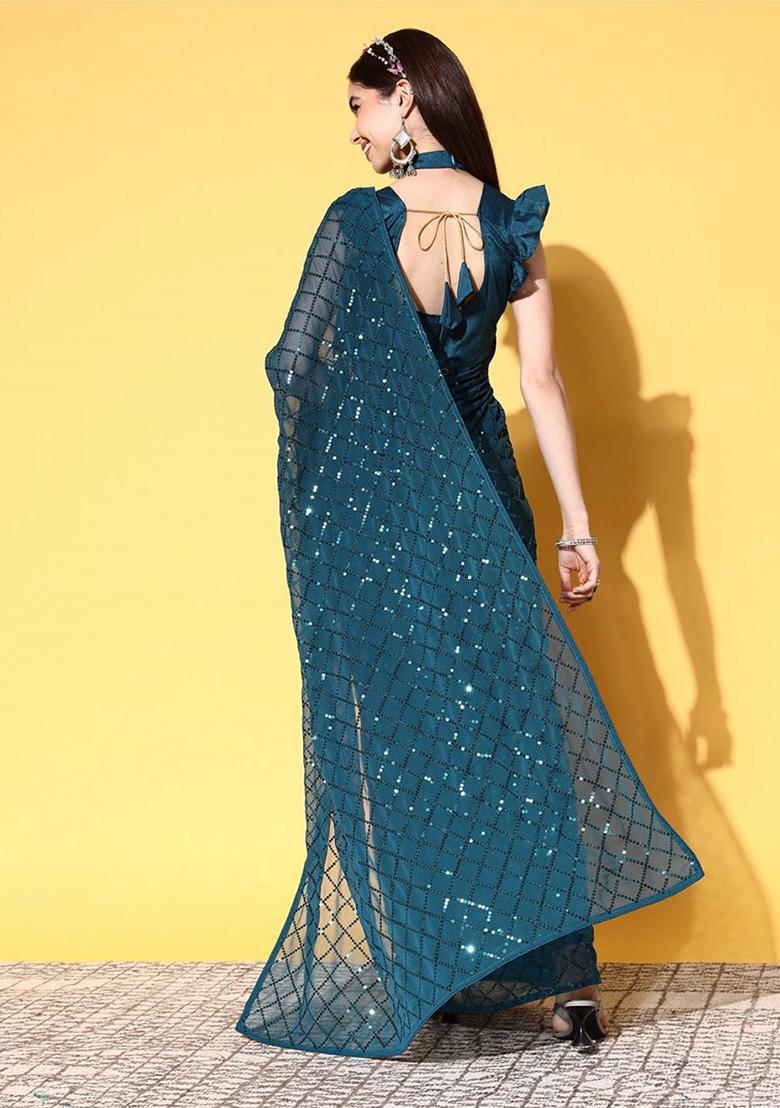 Blue Embroidered Soft Georgette Saree Set - Indya