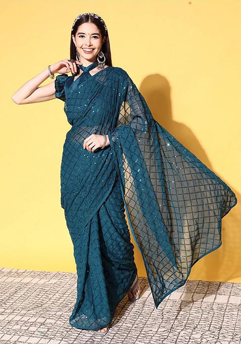 Blue Embroidered Soft Georgette Saree Set