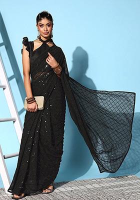Black Embroidered Soft Georgette Saree Set