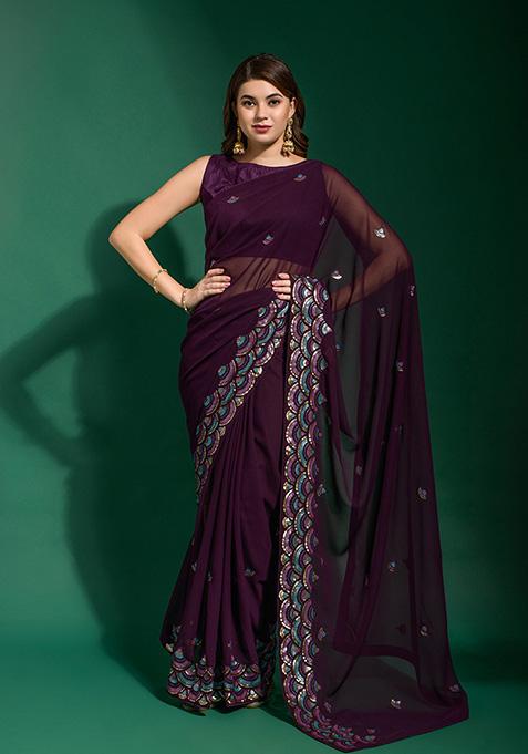 Purple Embroidered Heavy Georgette Saree Set