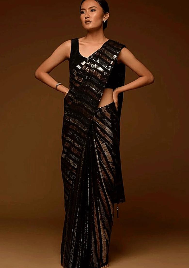 Black Embroidered Soft Georgette Saree Set