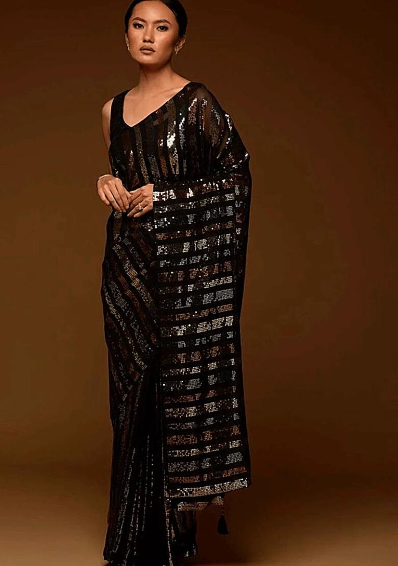 Black Embroidered Soft Georgette Saree Set