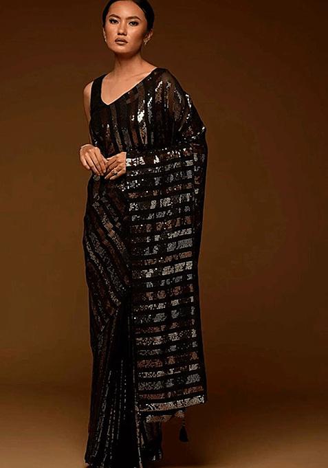 Black Embroidered Soft Georgette Saree Set