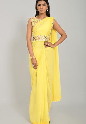 Yellow Embroidered Georgette Saree Set