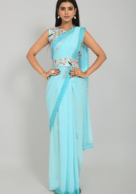 Sky Blue Embroidered Georgette Saree Set