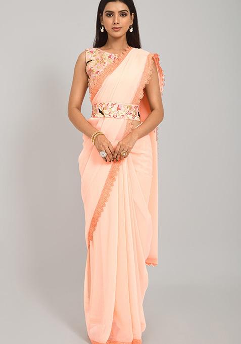 Peach Embroidered Georgette Saree Set