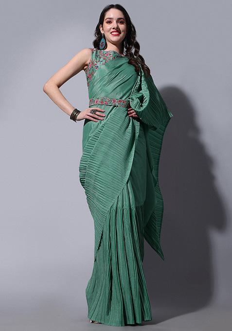 Rama Green Chinon Saree Set