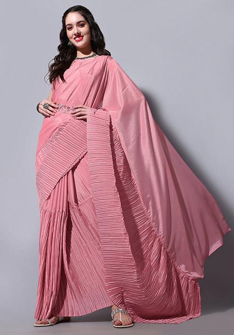 Peach Chinon Saree Set