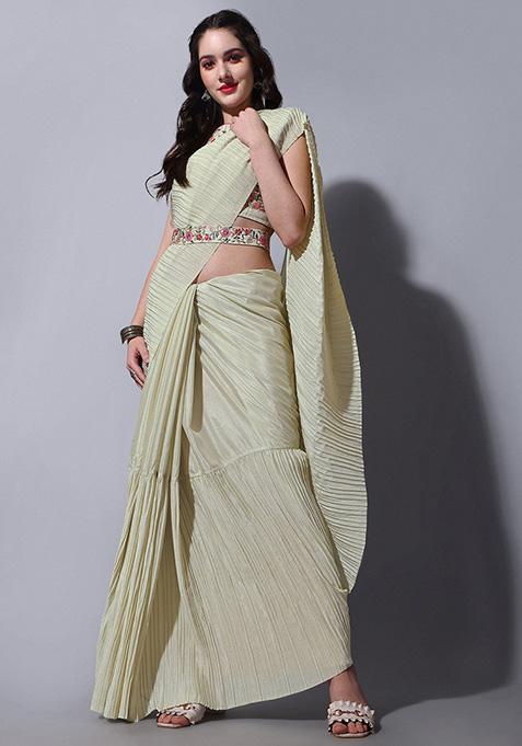 Cream Chinon Saree Set