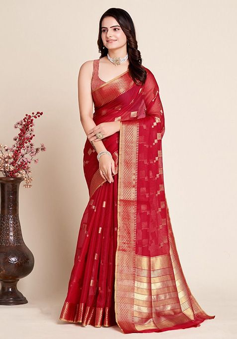 Red Woven Semi Cotton Saree Set