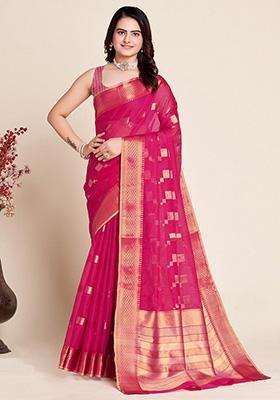 Pink Woven Semi Cotton Saree Set