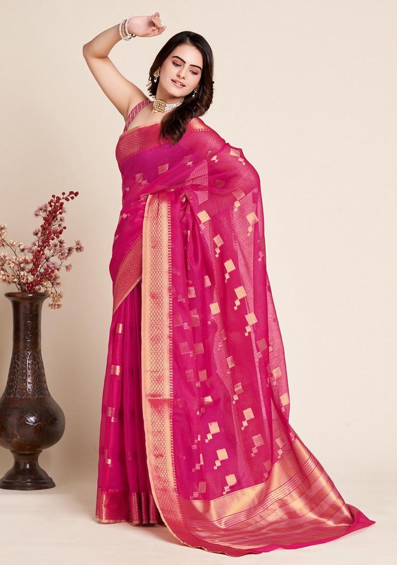 Pink Woven Semi Cotton Saree Set