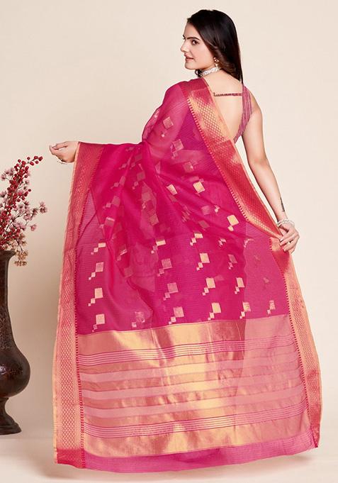 Pink Woven Semi Cotton Saree Set