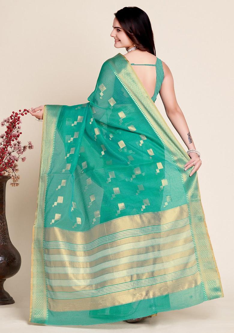 Green Woven Semi Cotton Saree Set
