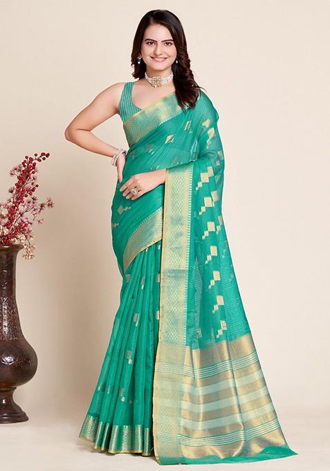 Green Woven Semi Cotton Saree Set