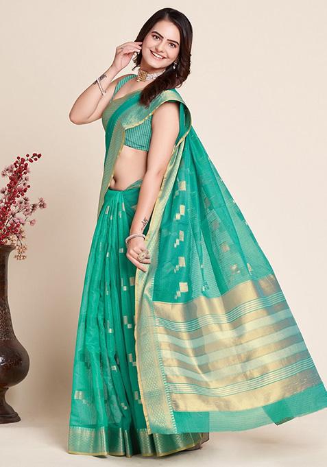 Green Woven Semi Cotton Saree Set