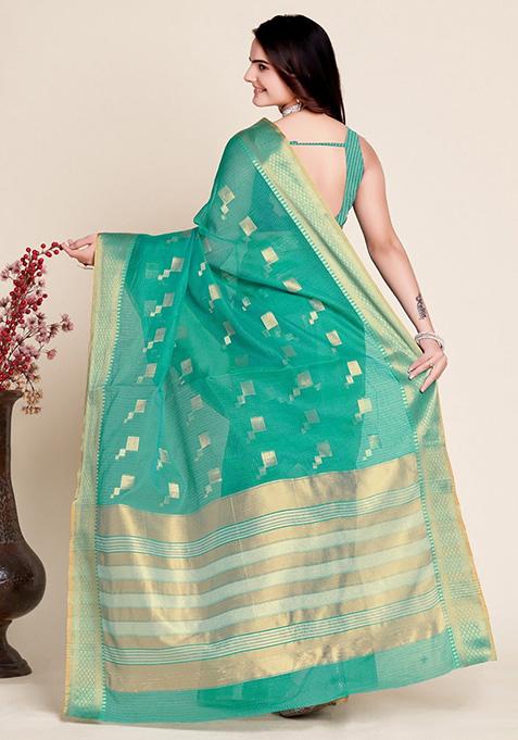 Green Woven Semi Cotton Saree Set