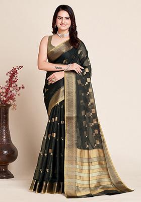 Black Woven Semi Cotton Saree Set