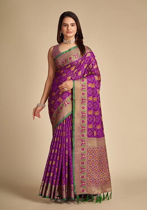 Purple Woven Pure Patola Silk Saree Set