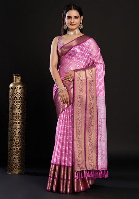 Pink Woven Kanjivaram Silk Saree Set