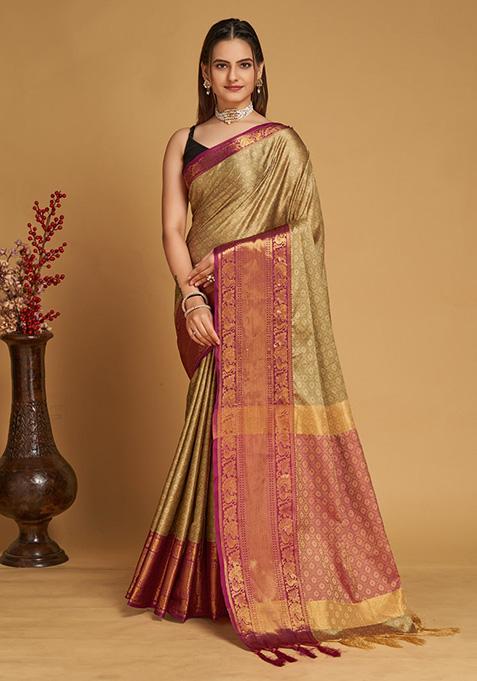 Brown Woven Banarasi Silk Saree Set