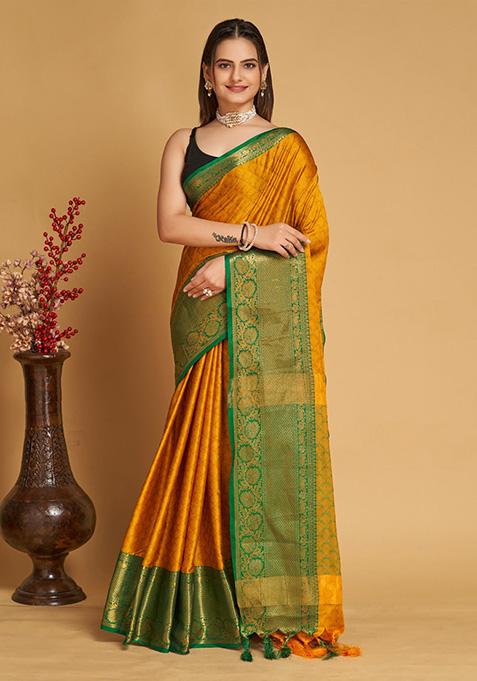 Dark Yellow Woven Banarasi Silk Saree Set