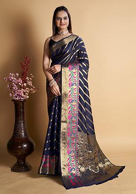 Blue Woven Banarasi Silk Saree Set