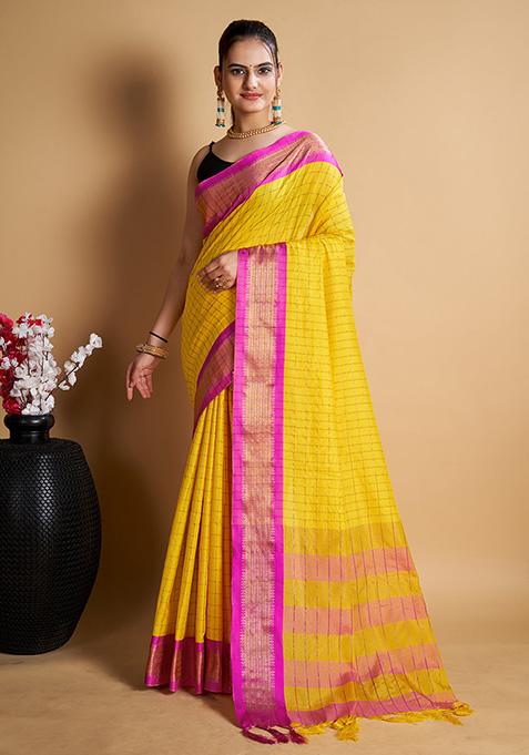 Yellow Woven Silk Blend Saree Set