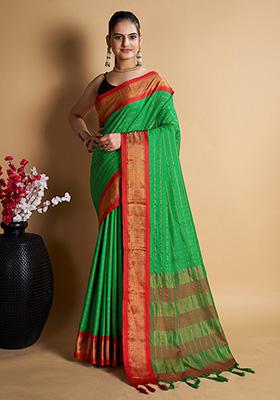 Green Woven Silk Blend Saree Set