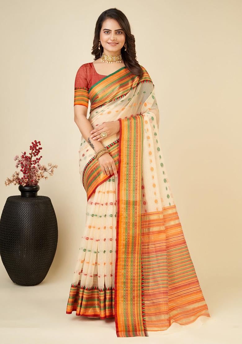 Off White Woven Semi Cotton Saree Set