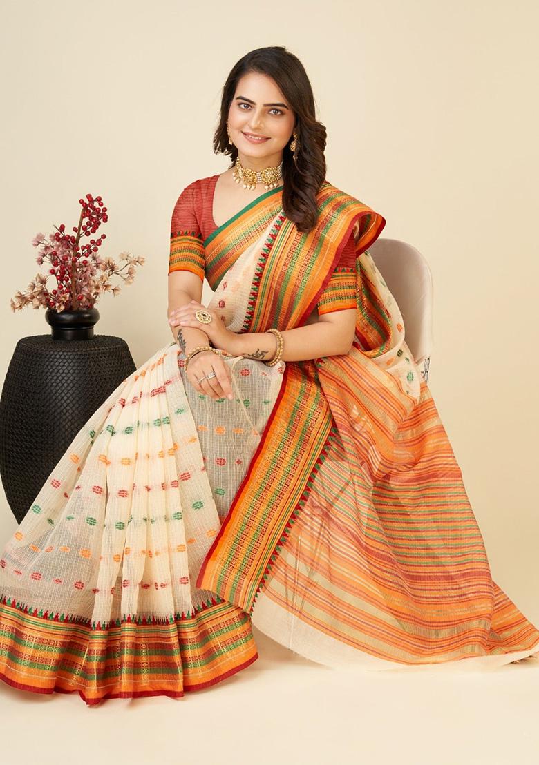 Off White Woven Semi Cotton Saree Set