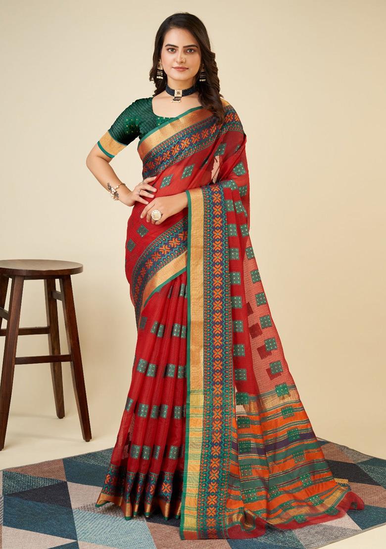 Red Woven Semi Cotton Saree Set