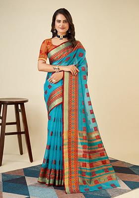 Sky Blue Woven Semi Cotton Saree Set