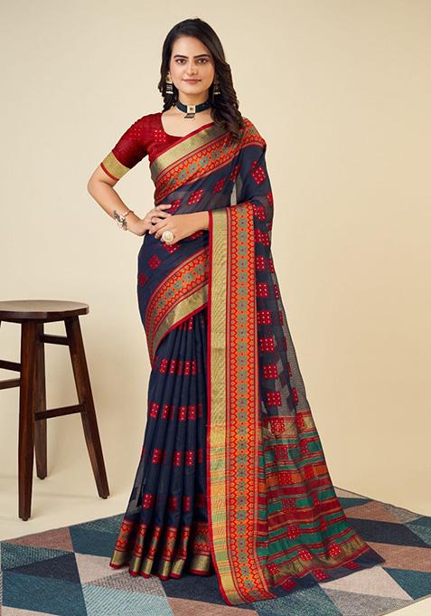 Blue Woven Semi Cotton Saree Set