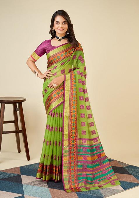 Green Woven Semi Cotton Saree Set