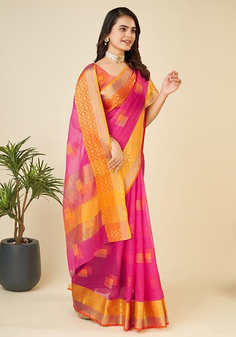 Pink Woven Semi Cotton Saree Set