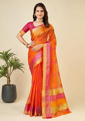 Yellow Woven Semi Cotton Saree Set