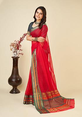 Red Woven Semi Cotton Saree Set
