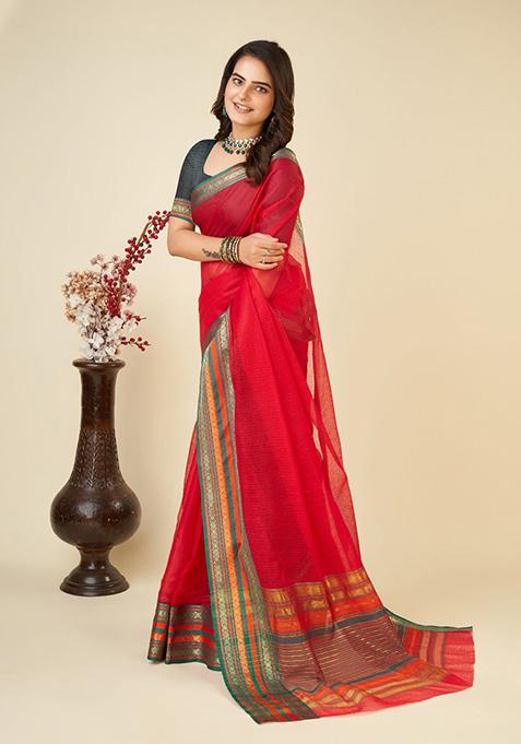 Red Woven Semi Cotton Saree Set