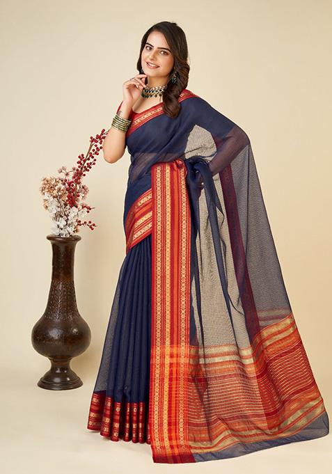 Blue Woven Semi Cotton Saree Set